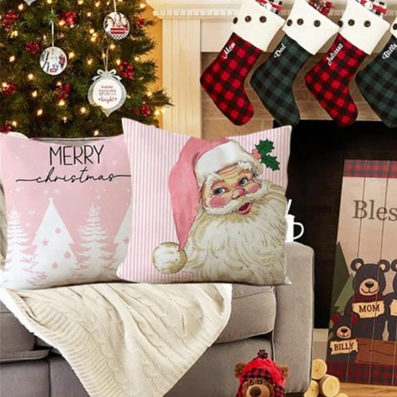 Christmas Pillow Covers Pink Santa Decoration Set Of 4 Accent Holiday Xmas Decor - Picture 8 of 16